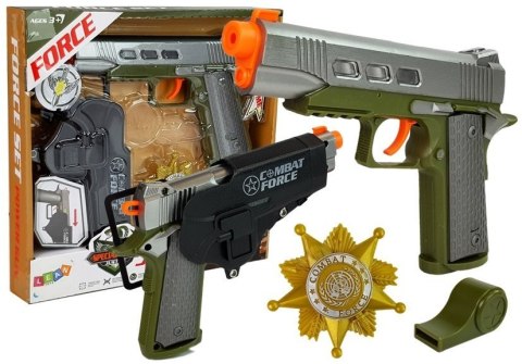 Zestaw Policyjny Pistolet 20cm Odznaka Gwizdek Kabura Efekty Świetlne Dźwięk Zestaw Policyjny Pistolet 20cm Odznaka Gwizdek Kabura Efekty Świetlne Dźwięk
